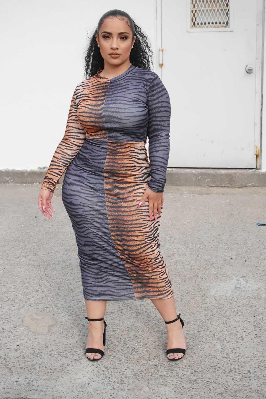 Tiger Print Long Sleeve Bodycon Midi Dress
