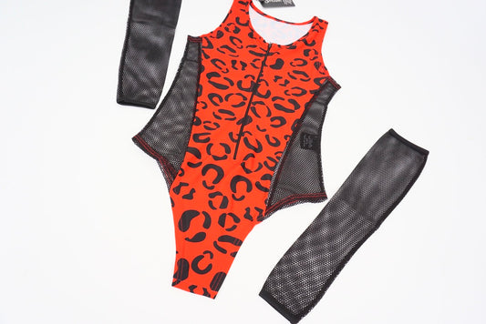 Leopard Red Skin Print One Piece Swimsuit with fishnet sleeves