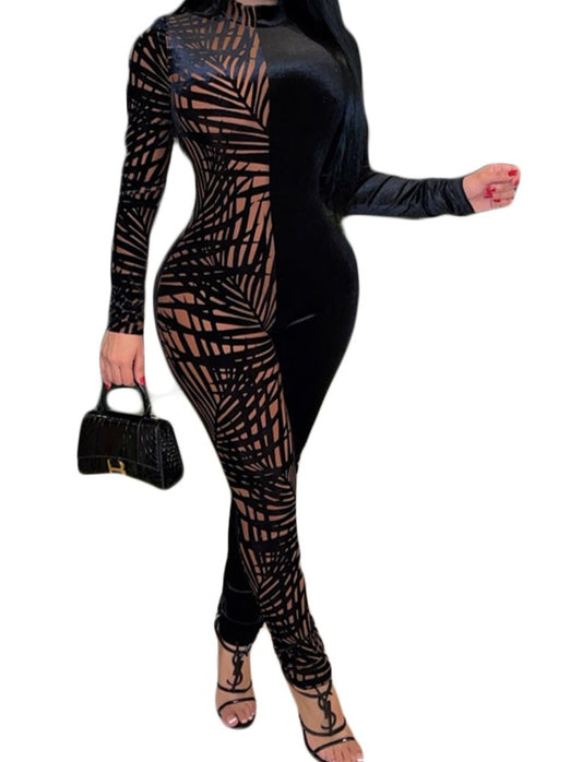 Womens Sexy Long Sleeve Floral Print Stitching Bodycon Jumpsuit Nightclub Jumpsuit Rompers